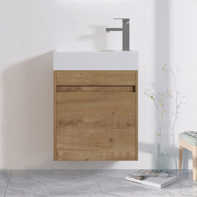 Meuble-lavabo flottant mural avec lavabo en résine blanche et porte d'armoire à fermeture en douceur, Brun
