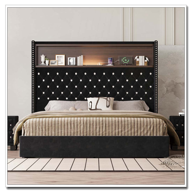 Cadre de lit doux en velours capitonné avec port USB et veilleuse, tête de lit haute 52 po avec rivets, Noir, Grand