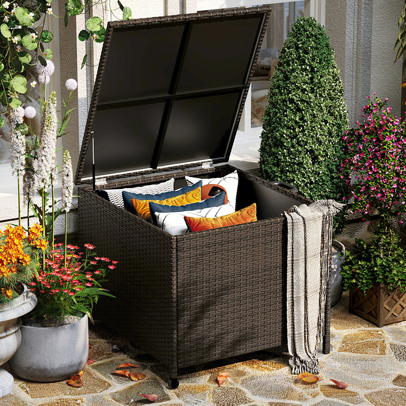 Coffre de terrasse en osier 80 gallons, banc de rangement extérieur avec roulettes, bac de rangement pour patio imperméable, coffre de rangement pour jardin avec balcon