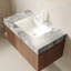 Meuble-lavabo mural avec lavabo, armoire à grain de bois espresso, comptoir en pierre frittée gris clair, lavabo en céramique, solution de rangement moderne
