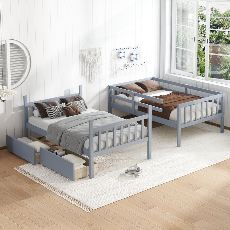 Lit superposé standard simple au-dessus de 2 tiroirs en bois massif, gris