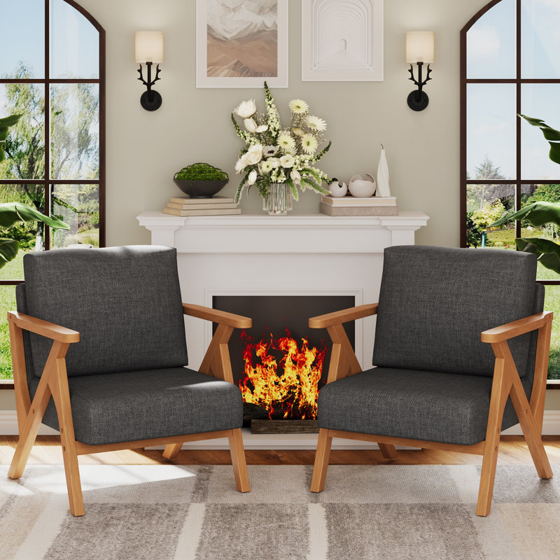 Fauteuil rembourré avec structure en bois, Lin gris