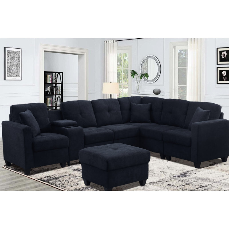 Ensemble de 7 fauteuils modulaires en microfibre bleu foncé avec coussins hauts et deux porte-gobelets pour plus de stabilité et de velours