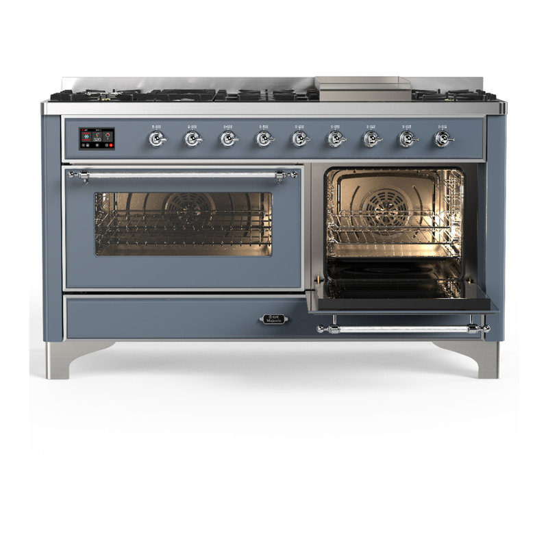 Majestic III Series 60 Inch Dual Fuel Range with 7 Sealed Burners, Griddle, in Blue Grey (Liquid Propane, Burnished Trim)