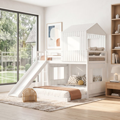 Solid Wood Twin Over Full Bunk Bed, Loft Bed,Reversible Installation,With Playhouse, Ladder, Slide And Guardrails,Safeguard Full Length Railings,Easy To Assembly