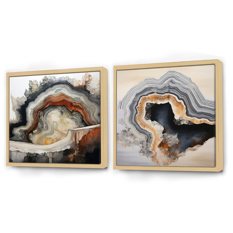 2 Pieces - Stone Geode Scenery Minimalism, Brown Framed, 36" H x 73" W