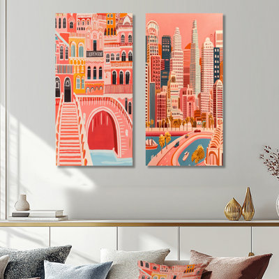 Ensemble de 2 impressions murales Pop Art Los Angeles Cityscape - California