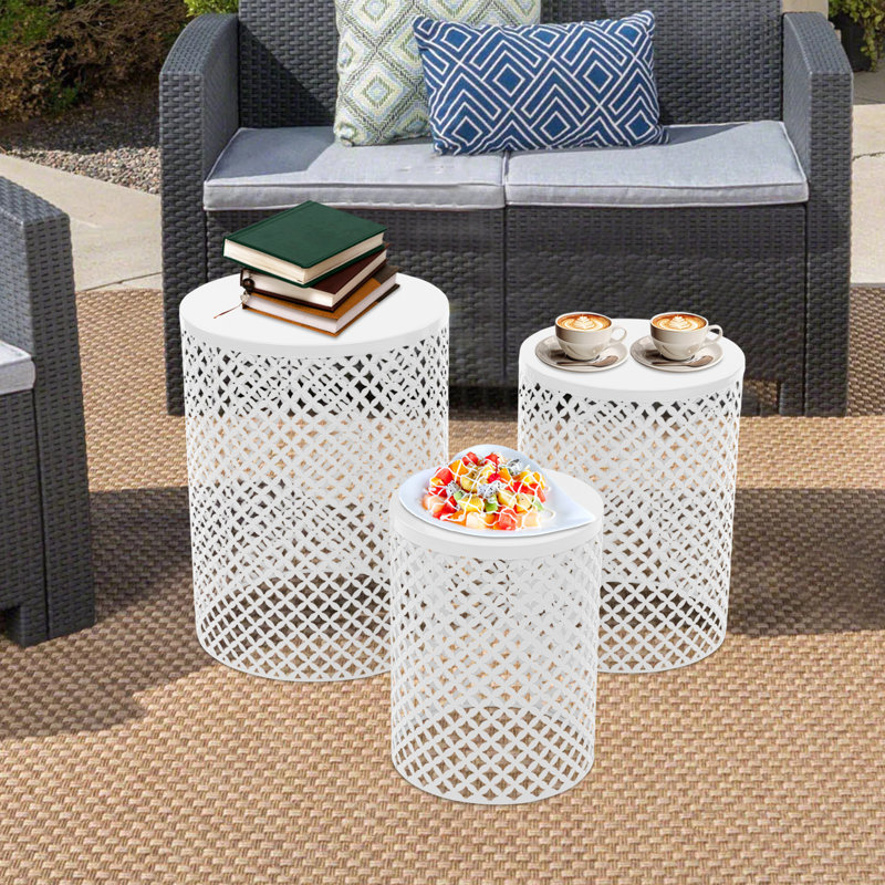 3PCS Metal Hollow-out End Table Set, White