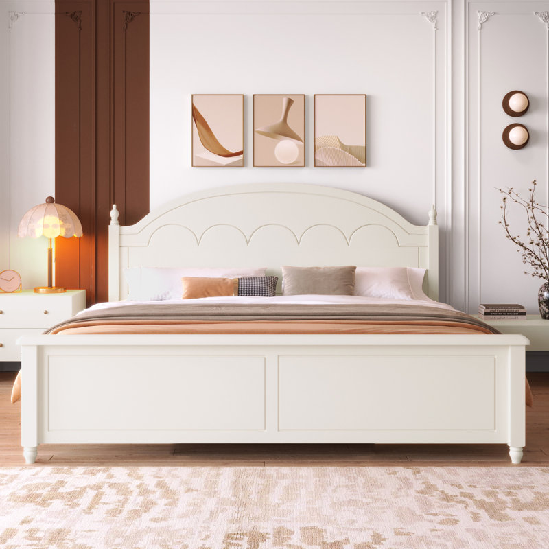 Structure de lit très grand en bois avec tête de lit arquée et design classique, blanc, Blanc, Très grand lit