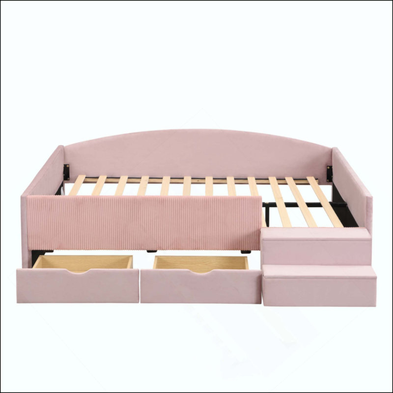 Structure de lit de jour rembourrée avec 2 tiroirs de rangement, Pink
