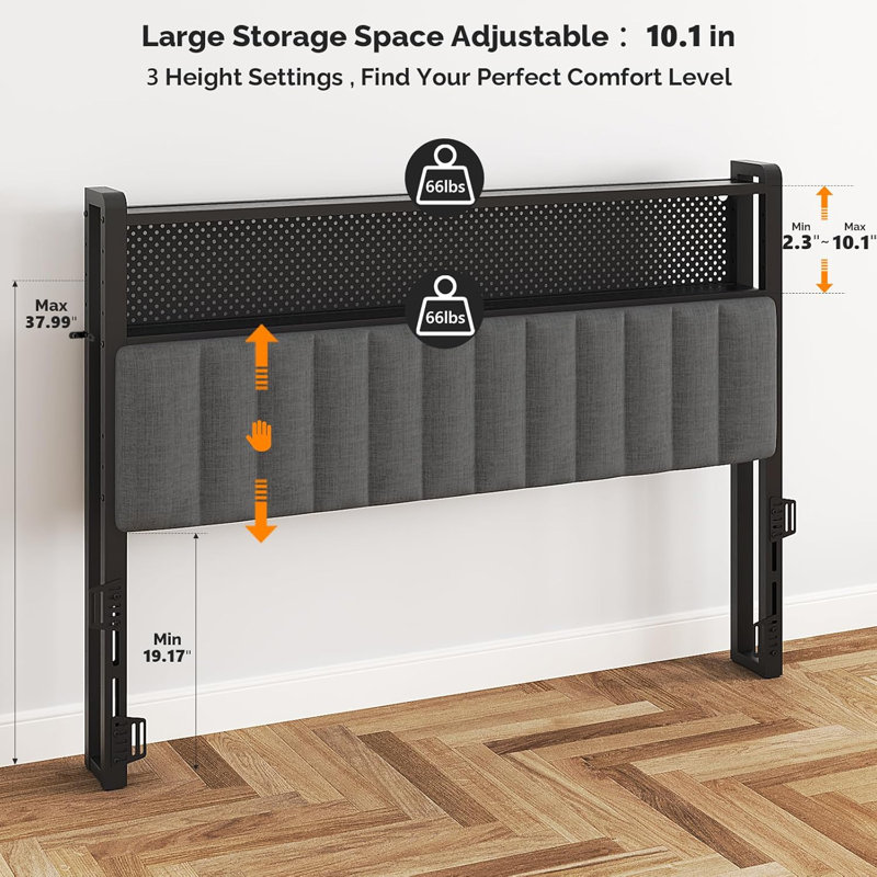 King Size Headboard, Adjustable Upholstered Headboard With 2 Tier Shelves And Pegboard With Charging Stations And LED Lights, Modern Bed Headboard With Storage Linen And Dark Gray