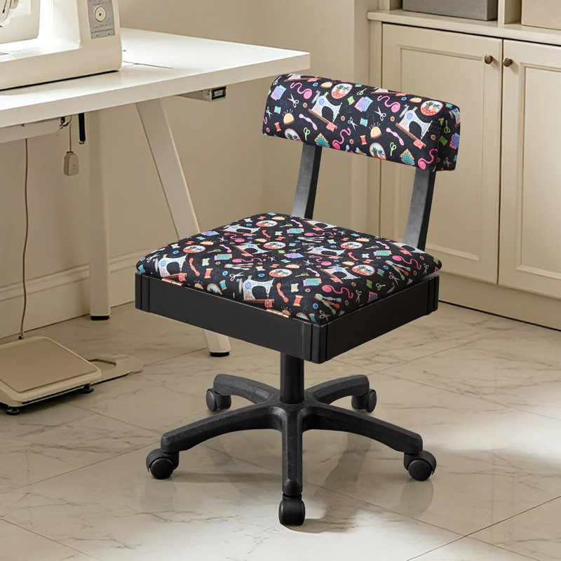Adjustable Height Sewing Chair Swivel Crafting Chair with Wheels & Under Seat Storage for Craft Room Furniture , Black, Black