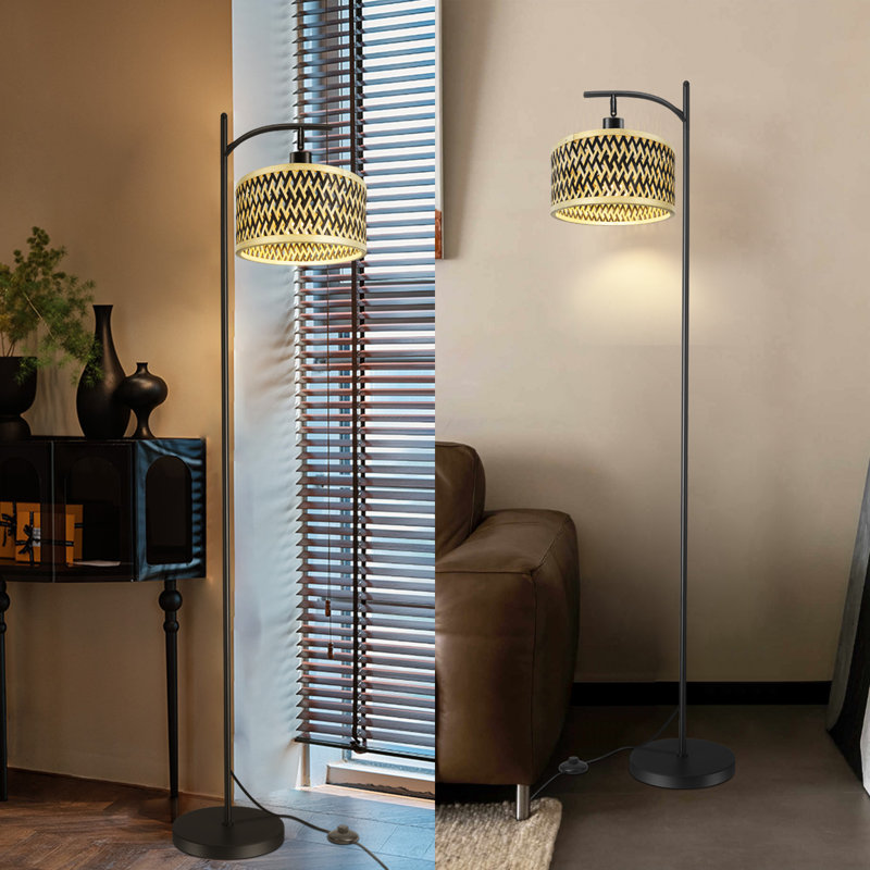 Industrial Floor Lamp With Rustic Stripe Lampshade Standing Pole Light Heavy Base E26 Socket Footswitch For Bedroom Office Reading Study