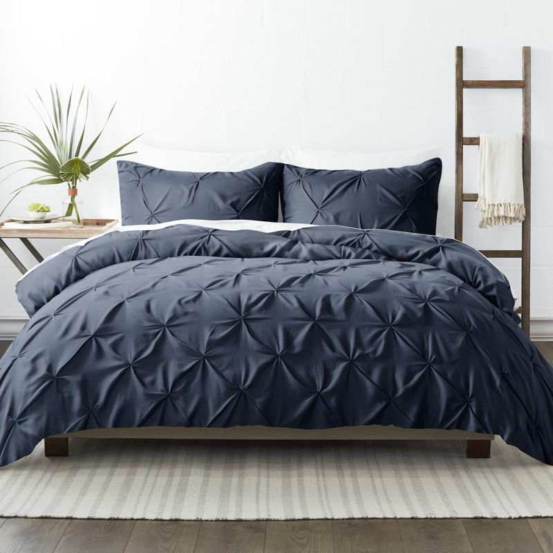 Pinch Pleat Textured Duvet Cover Set, Navy, Queen Duvet Cover + 2 Shams