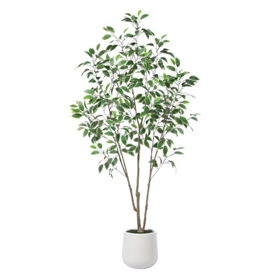 Adcock Fake Ficus Tree with Round White Planter, Pre Potted Faux Greenry Ficus Plant for Home Decor