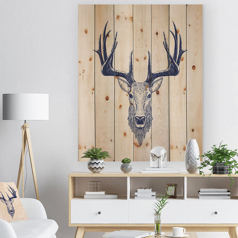 Portrait de tête de cerf - croquis d'animaux, H 46 po x l 36 po x P 1,5 po, Bois