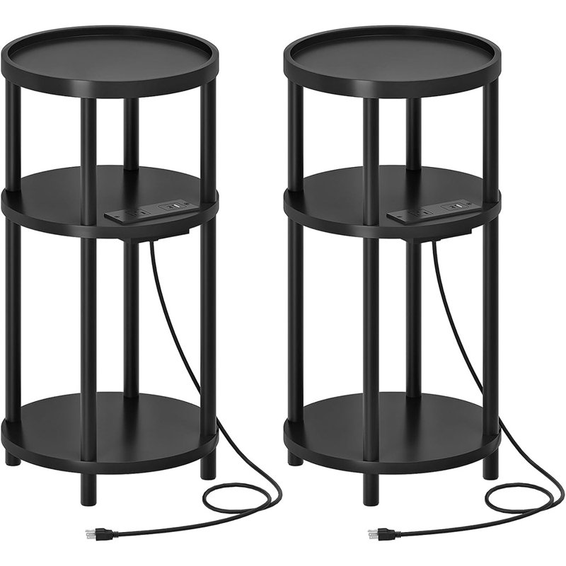 Ensemble de 2 tables d'appoint rondes avec station de recharge, tables de chevet modernes en bambou à 3 niveaux pour salon et chambre à coucher.