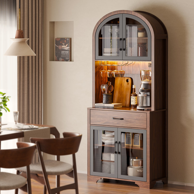  75" Arched Pantry Cabinet, Charging Station, LED, Glass Door, Drawer, Adjustable Shelves, Coffee Bar for Kitchen,Dining,Living Room,Walnut
