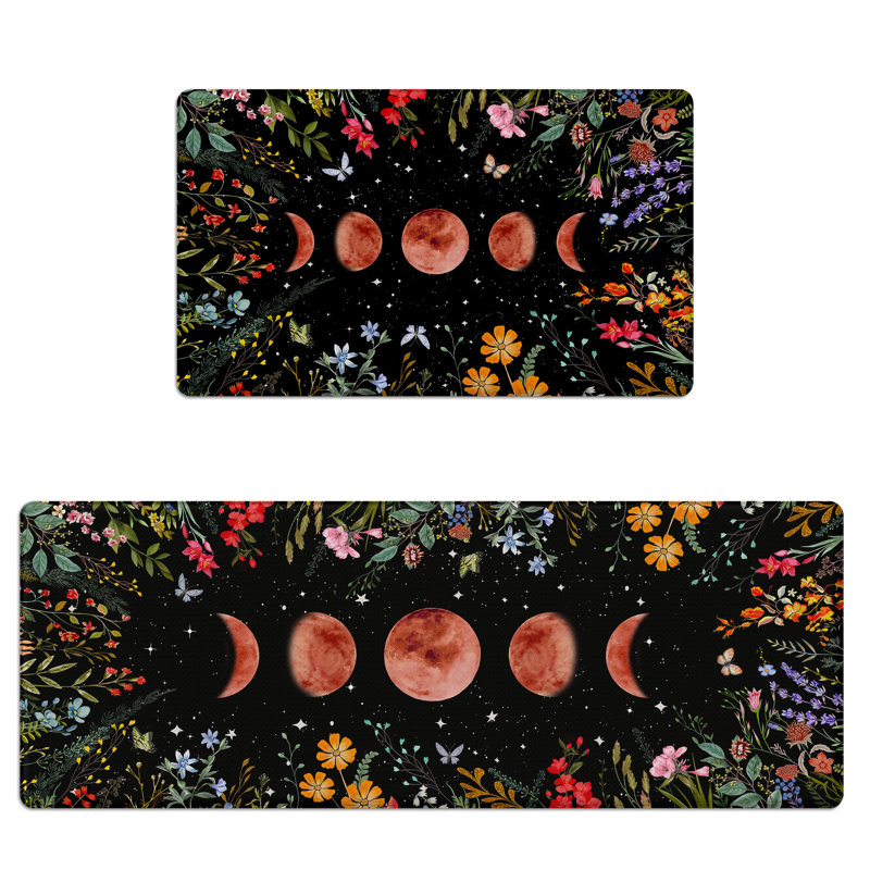 Ensemble de 2 tapis de cuisine anti-fatigue, coussins imperméables et antidérapants à motif floral Moon Garden