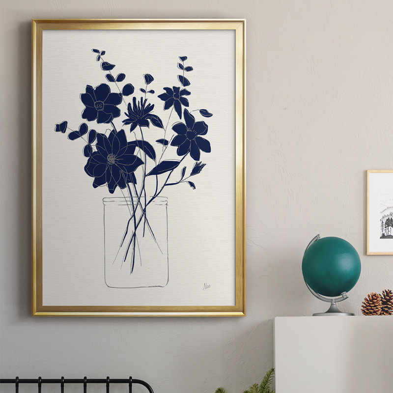 " Indigo Sketch Bouquet II ", Gold, 24.5" H x 18.5" W x 1" D