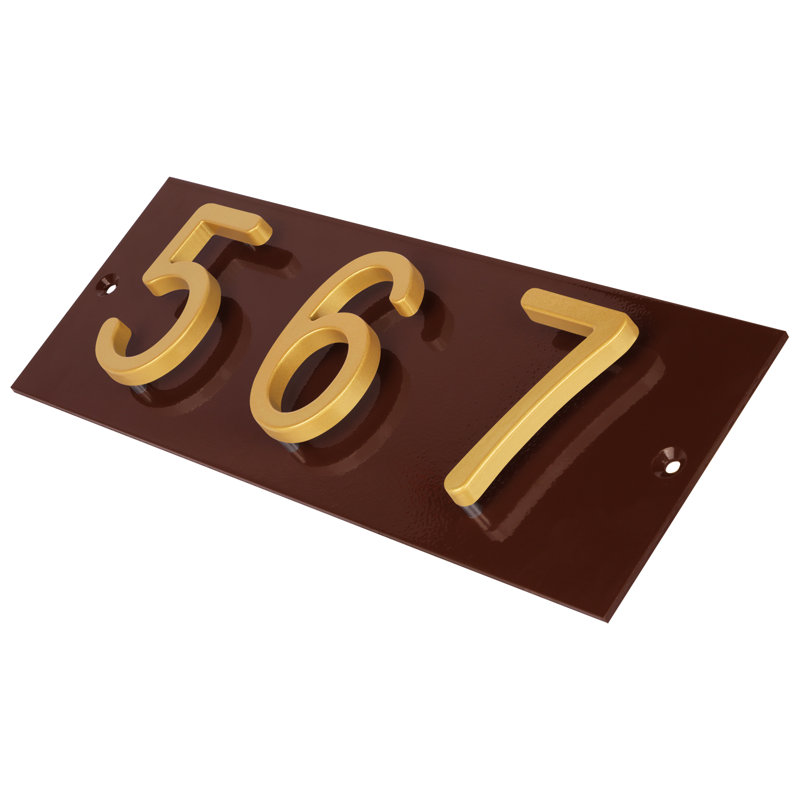 Plaque d'adresse horizontale flottante en aluminium Royal Shade - 3 chiffres personnalisés, Brun, Doré, Oui