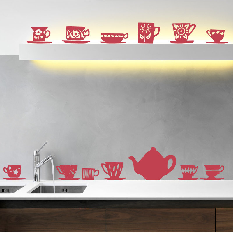 Décalcomanie murale tasses de thé, H 23 po x l 24 po x P 0,01 po, Rouge Dahlia
