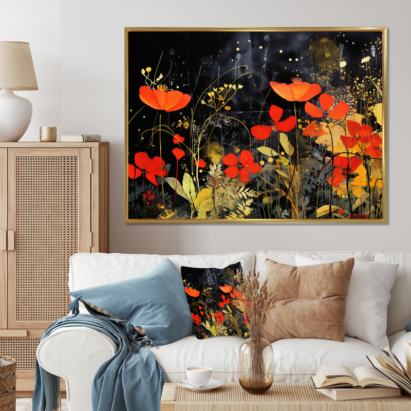 Art mural moderne orange et vert tropical - Collages abstraits, Cadre flottant doré, H 34 po x l 44 po x P 1,5 po