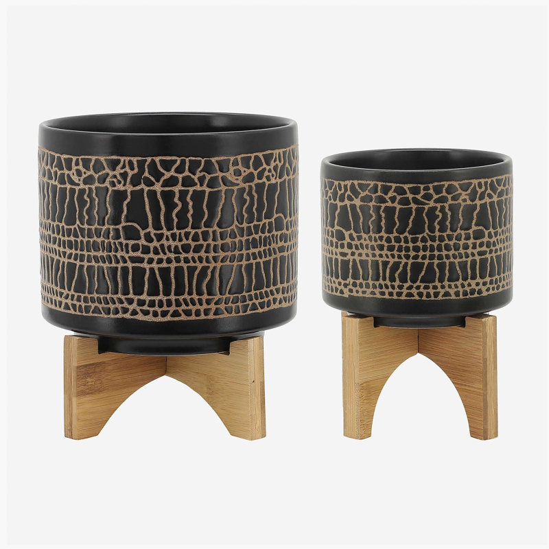 S/2 5/8" GLAZED PLANTER W/ STAND, BLACK