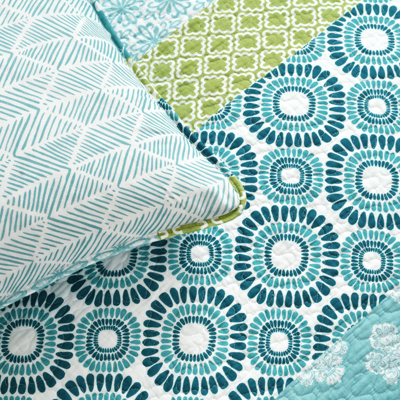 Bohemian Blue and Green Cotton Full/Queen Reversible Quilt Set