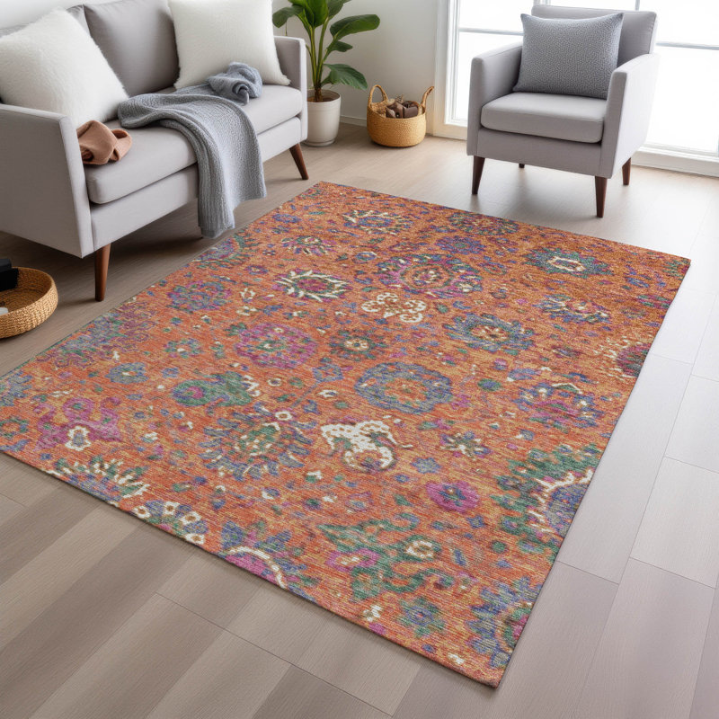 Tapis orange intérieur / extérieur lavable à la machine Xhevrie, Rectangle 8 pi x 10 pi