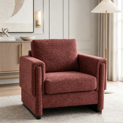 Upholstered Accent Armchair with Solid Wood Armrests, Boucle Fabric Square Arm Club Chair with Thick Cushion, Modern Sled Base Side Chair