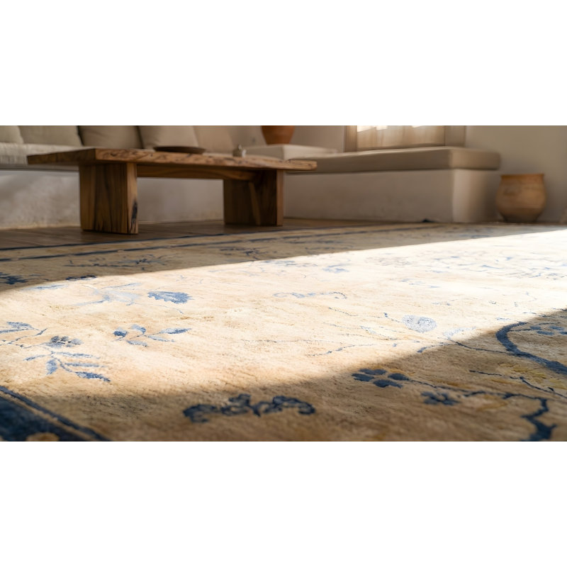 Room Size Ivory Antique 1920s Rectangle Chinese Knotted Wool Rug
