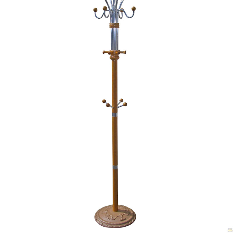 73" Tall Chrome and Wood Coat Rack, Oak finish