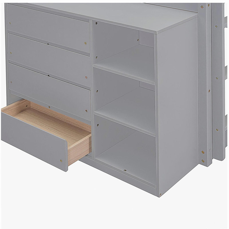 Lit simple gris avec 4 tiroirs et 3 tablettes, Gris