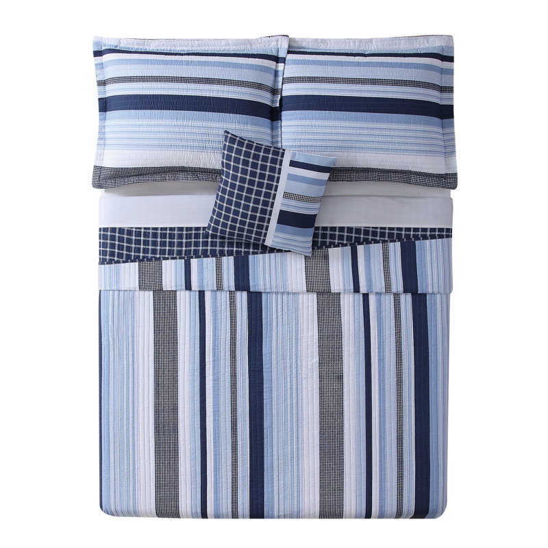 Nautical Blue and White Striped Twin Quilt Set with Decorative Pillow