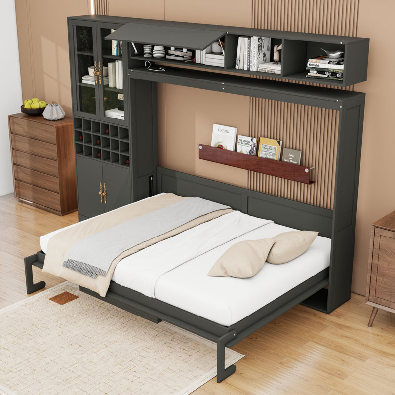 Lit escamotable en bois avec canapé et armoire et port USB, gris, Grand