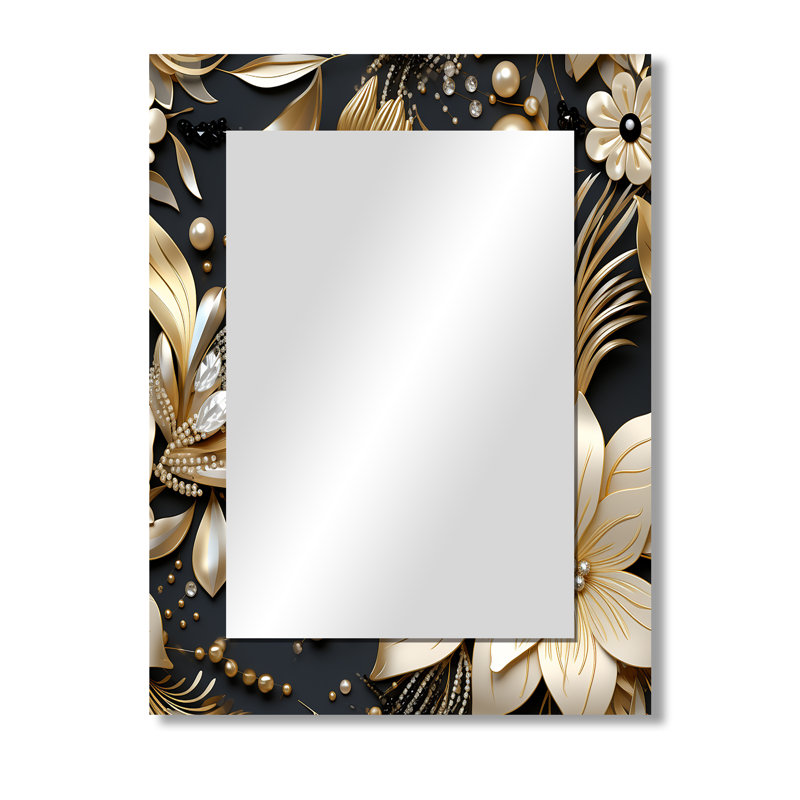 Or doré et fleurs noires élégantes - miroir mural décoratif glamour, grand miroir moderne, impression d'art en métal