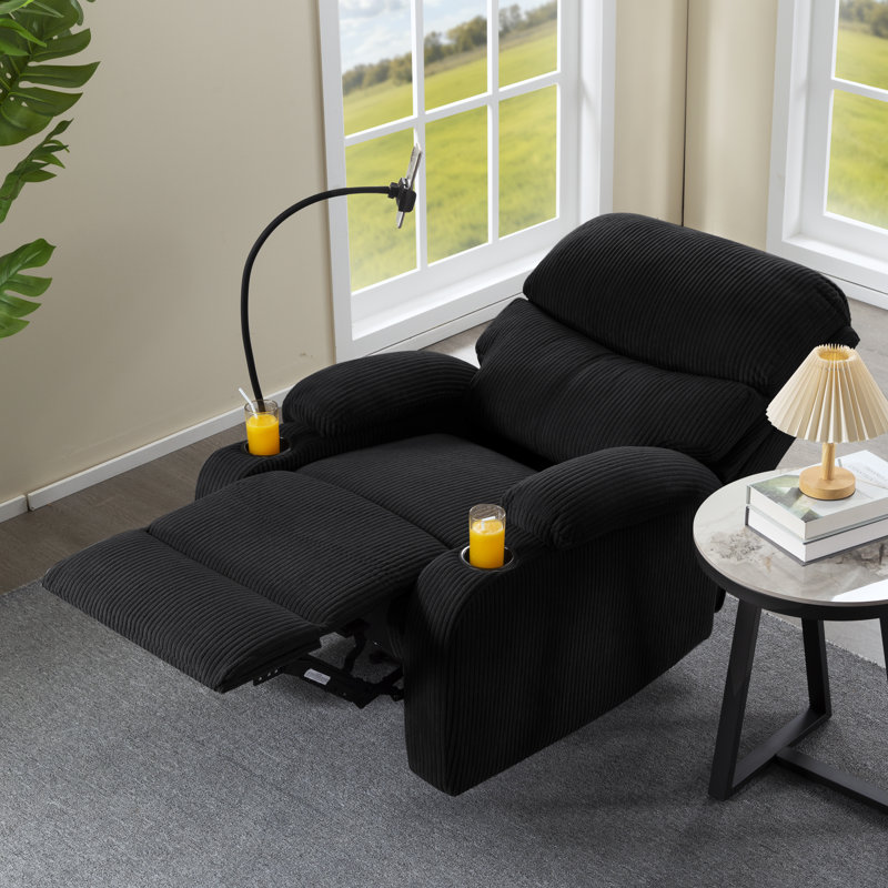 Lanmei Black Corduroy Manual Recliner Chair - Solid Wood Frame With Phone Holder & Cup Holders, Ergonomic Backrest For Living Room Bedroom Office