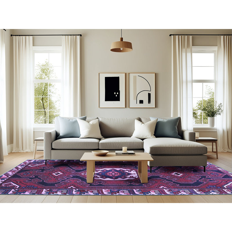 Tapis oriental bleu / mauve à motif rectangulaire tissé à la machine 6 pi x 9 pi