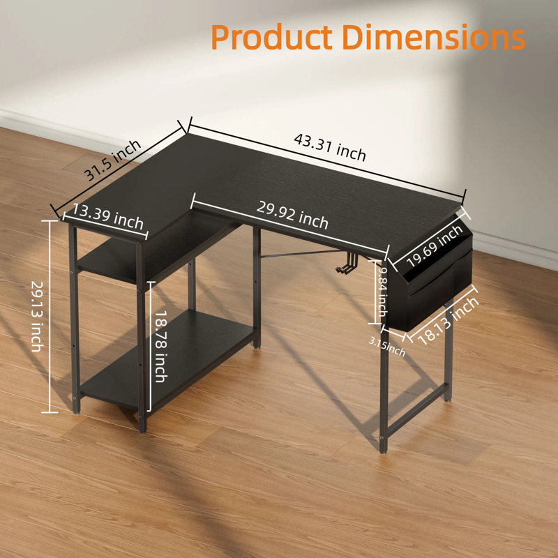 Bureau d'ordinateur en forme de L de 44 pouces avec sac de rangement et 2 tablettes réglables, bureau d'angle peu encombrant avec crochet pour casque, table de bureau à domicile réversible avec rangement pour petits espaces, bureau et travail à distance, noir