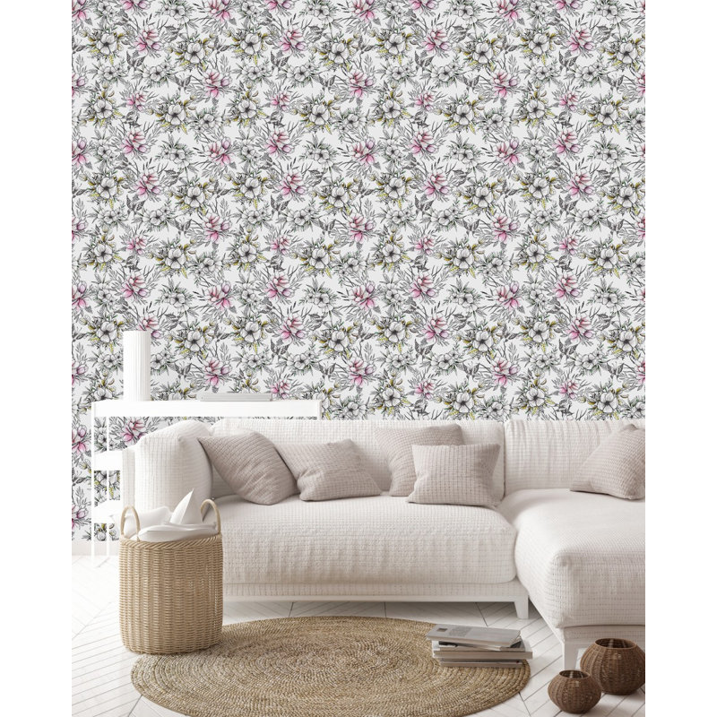 Papier peint blanc avec fleurs et papillons