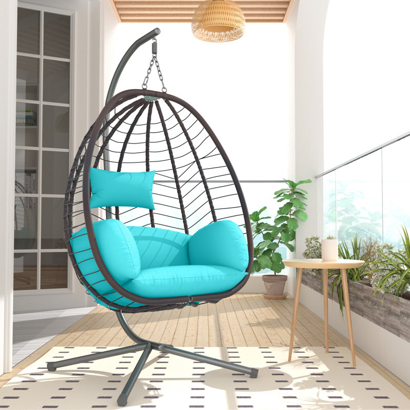 Kirstien Hanging Egg Chair With Stand All-Weather Rattan Wicker Swing Waterproof Cushions, Vert