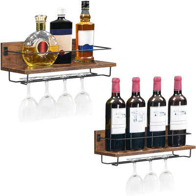 Wall-Mounted Wine Rack Set Of 2, Floating Bottle & Glass Holder Shelves, Rustic Brown & Black