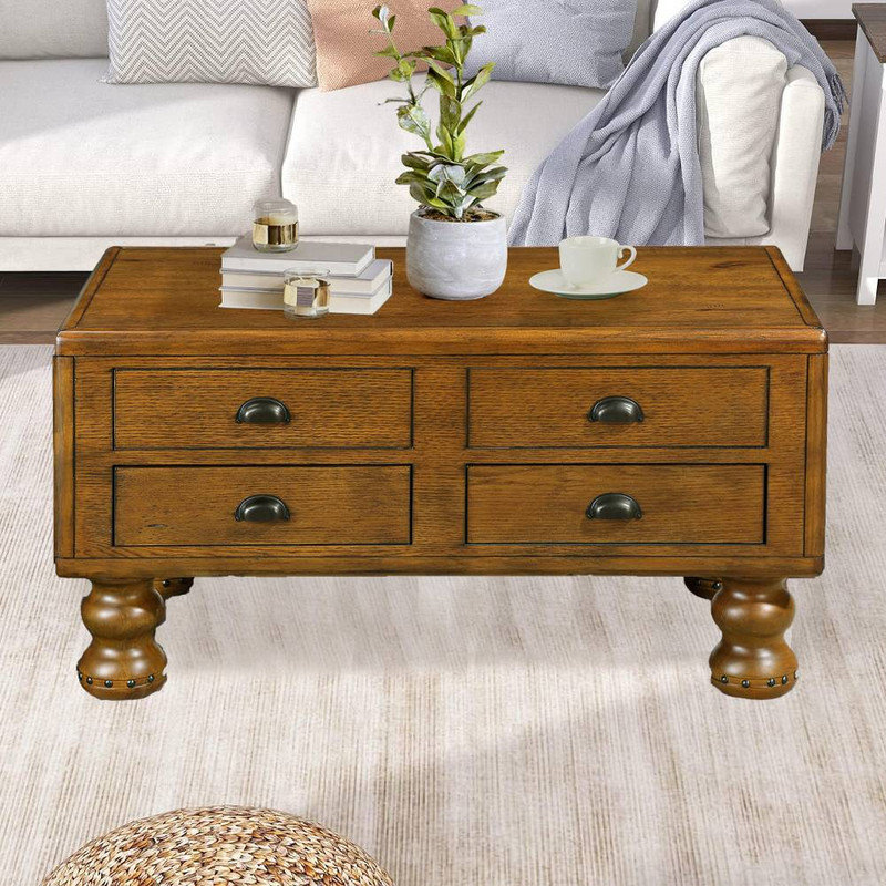 Table basse rectangulaire en bois massif, centre de table 4 tiroirs, Brun