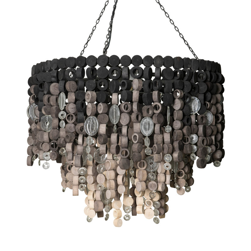 Round Wood Disk Chandelier w/ Recycled Glass Disks, Natural;Stained Charcoal