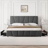 King Size Bed Frame With Adjustable Headboard And 4 Storage Drawers, Soft Upholstered Platform Bed Frames With Wooden Slats Support, No Box Spring Needed, Dark Grey