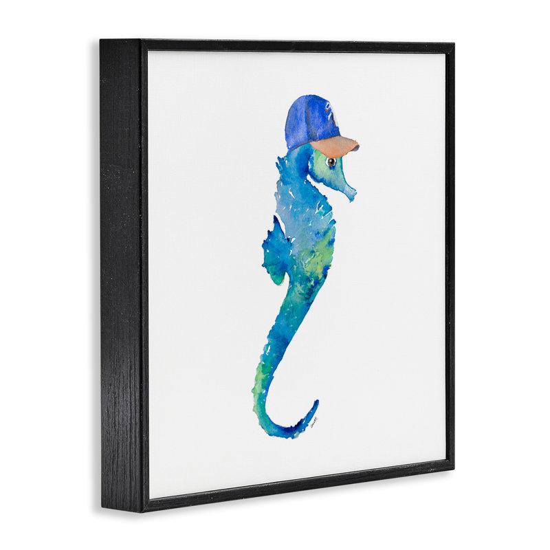 Hippocampe bleu au chapeau, estampe numérique par Lanie Loreth, Giclée encadrée noir minuit, H 17 po x l 17 po