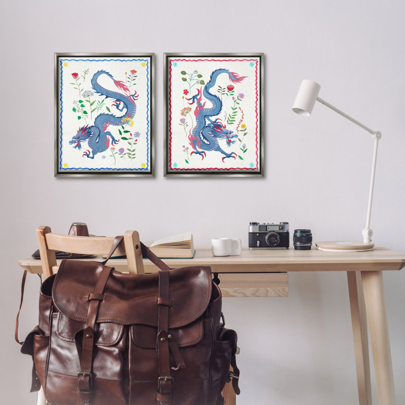  Dragons avec détails de fleurs, ensemble de 2 toiles flottantes encadrées par Melissa Wang, Cadre flottant gris lustré