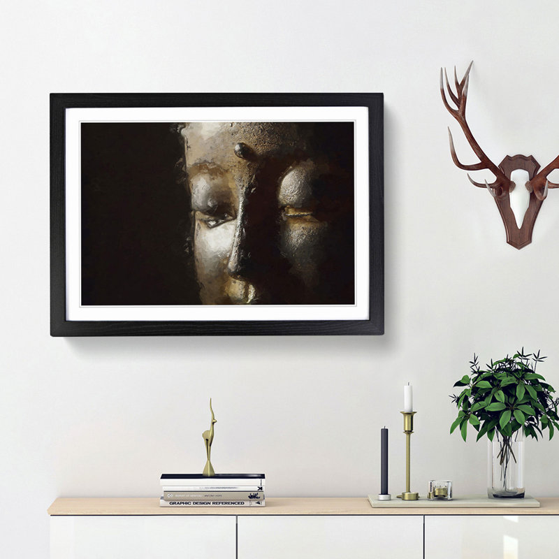 Golden Buddha Statue - Picture Frame Graphic Art Print, 48cm H x 65cm W x 2cm D, Black Framed
