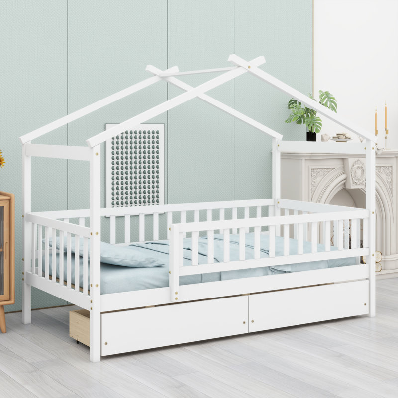 Lit en forme de maison avec tiroirs intégrés, Blanc